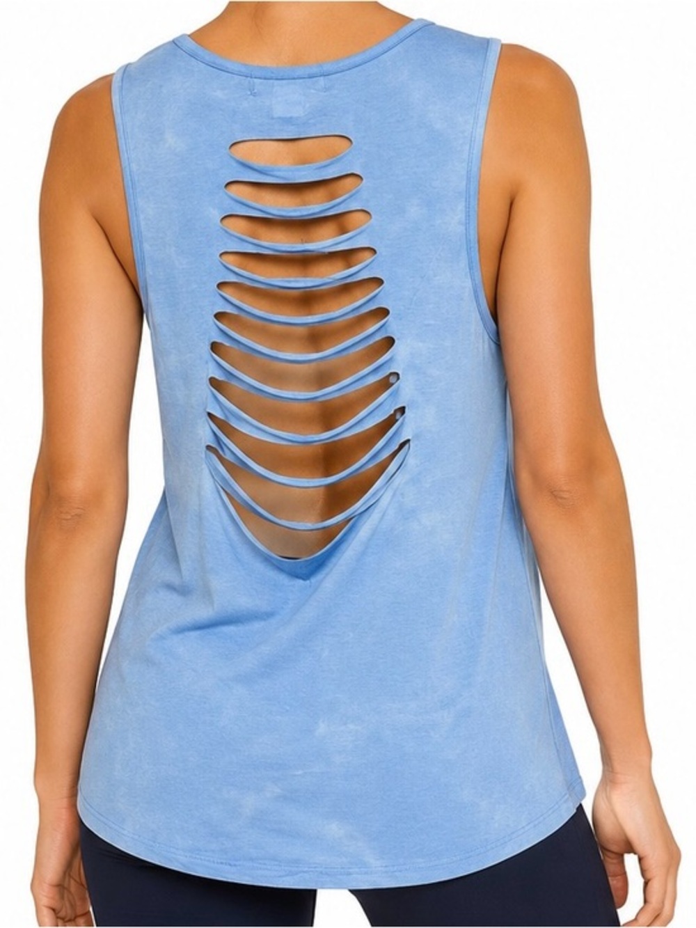 LA Threads Women's Acid Washed Blue Scoop Neck Slash Back Stretch Tank Top L
